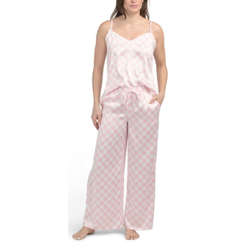 NWT Paris Hilton Pink + White Checkered Satin Pajama Set Size Large